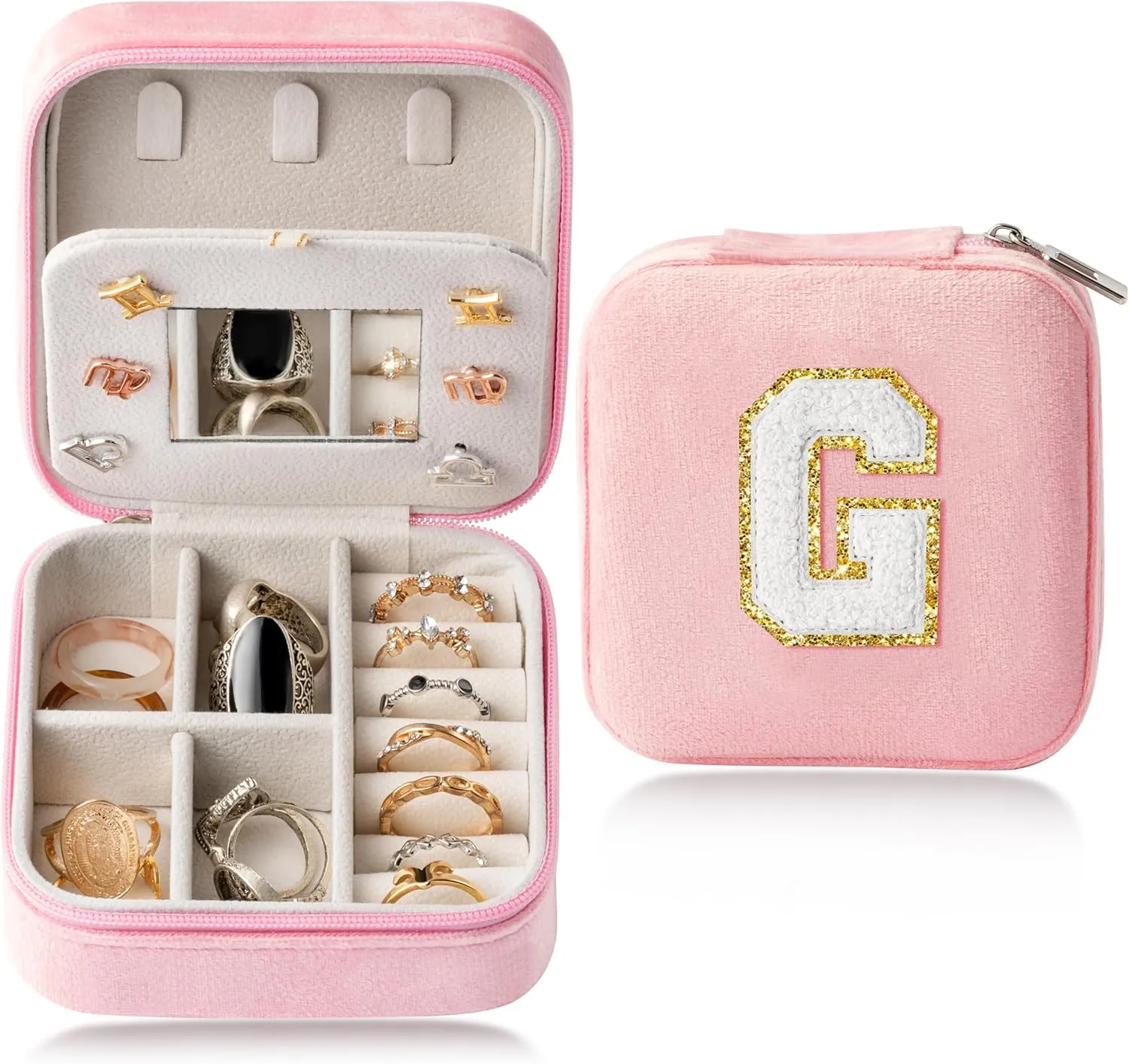 CY2SIDE Letter Velvet Travel Jewelry Case for Women Girls - Pink Organizer for Ring, Earring, Necklace, Bracelet, Pendant - Vacation Gift for Lovers - Letter G