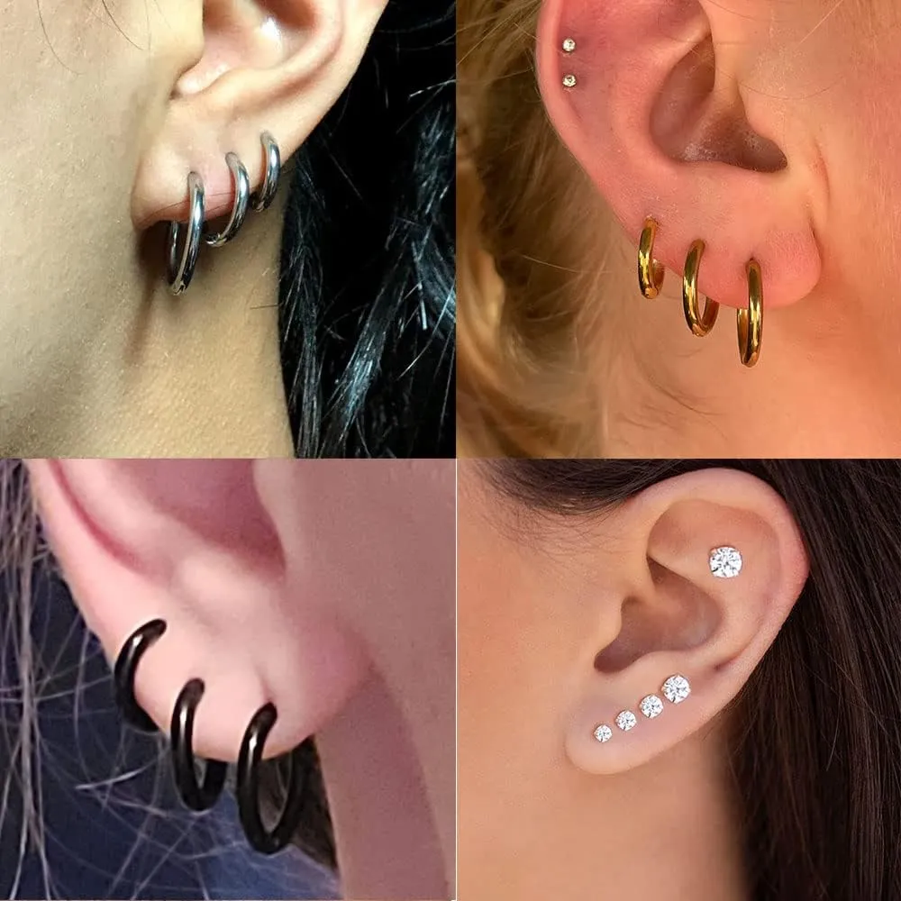 Dainty 8 Pairs Surgical Stainless Steel Earrings 14K Gold Plated Hoop Earrings CZ Stud Earrings for Women Men Lightweight Hypoallergenic Earrings Sets for Multiple Piercing,Suitable for Cartilage,Helix,Lobe,First Hole,Second Hole,Third Hole