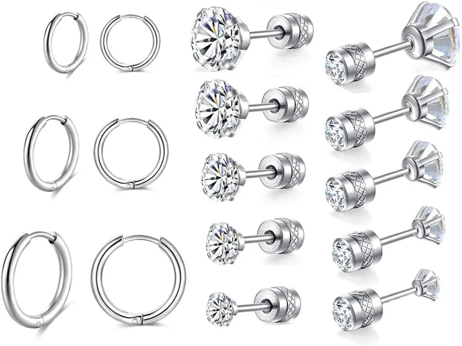 Dainty 8 Pairs Surgical Stainless Steel Earrings 14K Gold Plated Hoop Earrings CZ Stud Earrings for Women Men Lightweight Hypoallergenic Earrings Sets for Multiple Piercing,Suitable for Cartilage,Helix,Lobe,First Hole,Second Hole,Third Hole