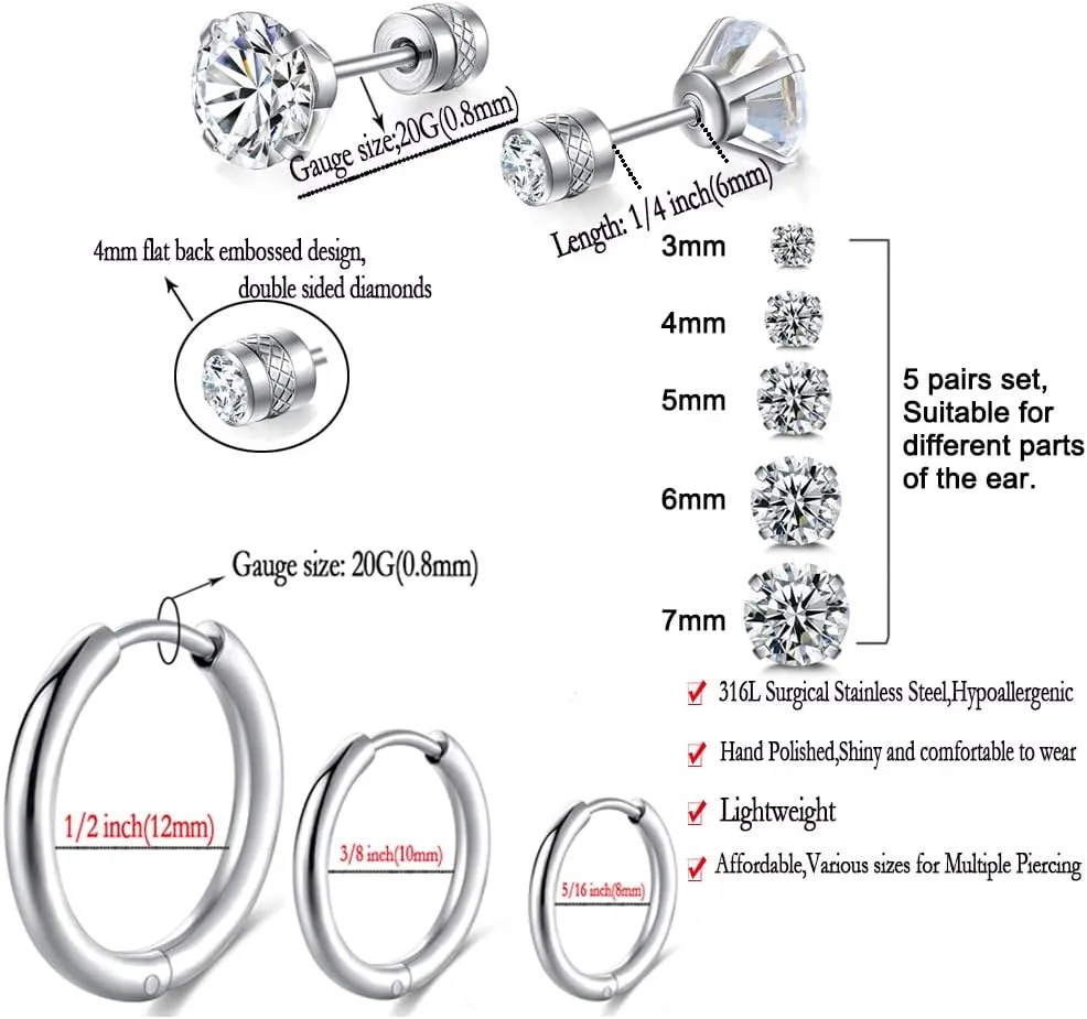Dainty 8 Pairs Surgical Stainless Steel Earrings 14K Gold Plated Hoop Earrings CZ Stud Earrings for Women Men Lightweight Hypoallergenic Earrings Sets for Multiple Piercing,Suitable for Cartilage,Helix,Lobe,First Hole,Second Hole,Third Hole