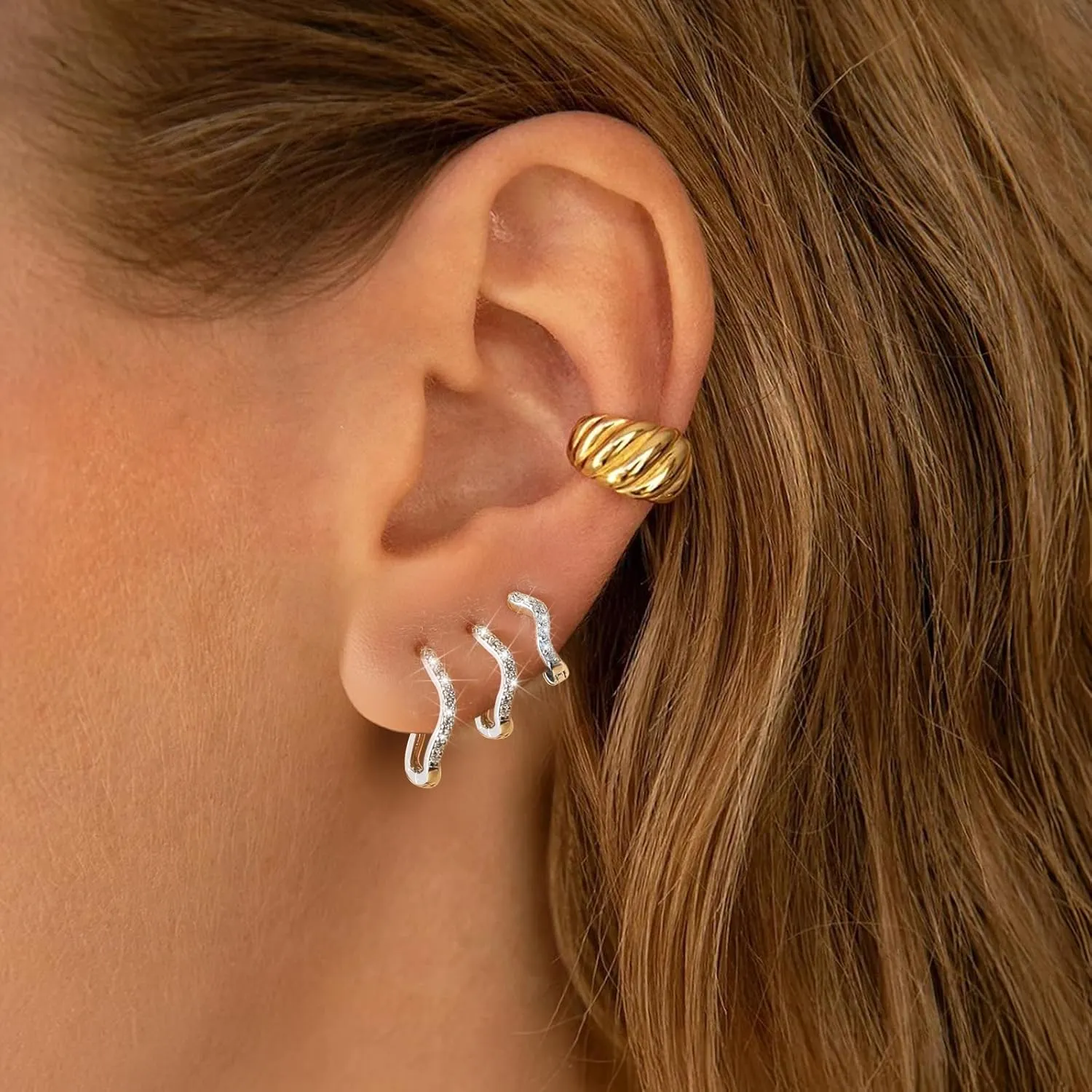 Dainty CZ Wave Huggie Earrings for Women Hypoallergenic S925 Sterling Silver Ocean Wave Hoop Earrings Wavy Statement Earring Minimalist Geometric Hoop Earrings Huggie Birthday Jewelry Gifts