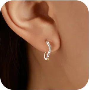 Dainty CZ Wave Huggie Earrings for Women Hypoallergenic S925 Sterling Silver Ocean Wave Hoop Earrings Wavy Statement Earring Minimalist Geometric Hoop Earrings Huggie Birthday Jewelry Gifts