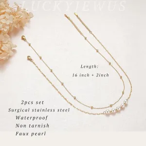 Dainty Gold Pearl Necklace for Women, 14k gold plated Cute Layered Gold Chain Necklaces Chocker, Waterproof Non Tarnish Gold Jewelry for Women Girls Gifts