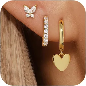 Dainty Pink Butterfly Earrings for Women, 14K Gold Plated Butterfly Hoop Earring Sets with S925 Sterling Silver Post, Pink Earring Stacks Jewelry