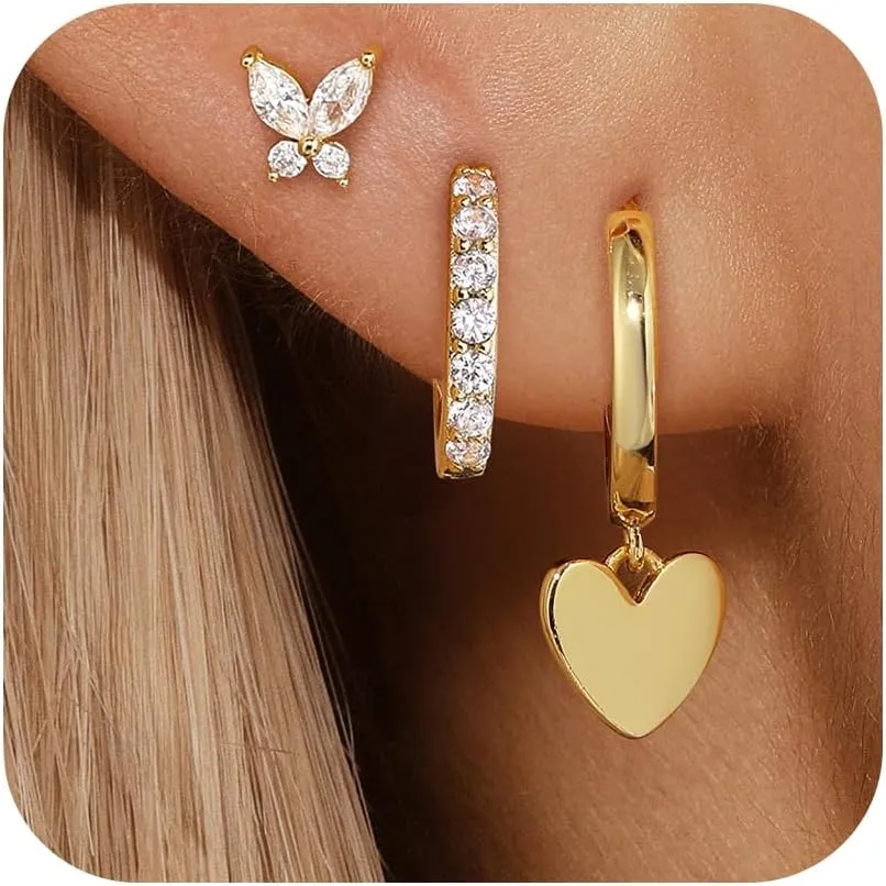 Dainty Pink Butterfly Earrings for Women, 14K Gold Plated Butterfly Hoop Earring Sets with S925 Sterling Silver Post, Pink Earring Stacks Jewelry