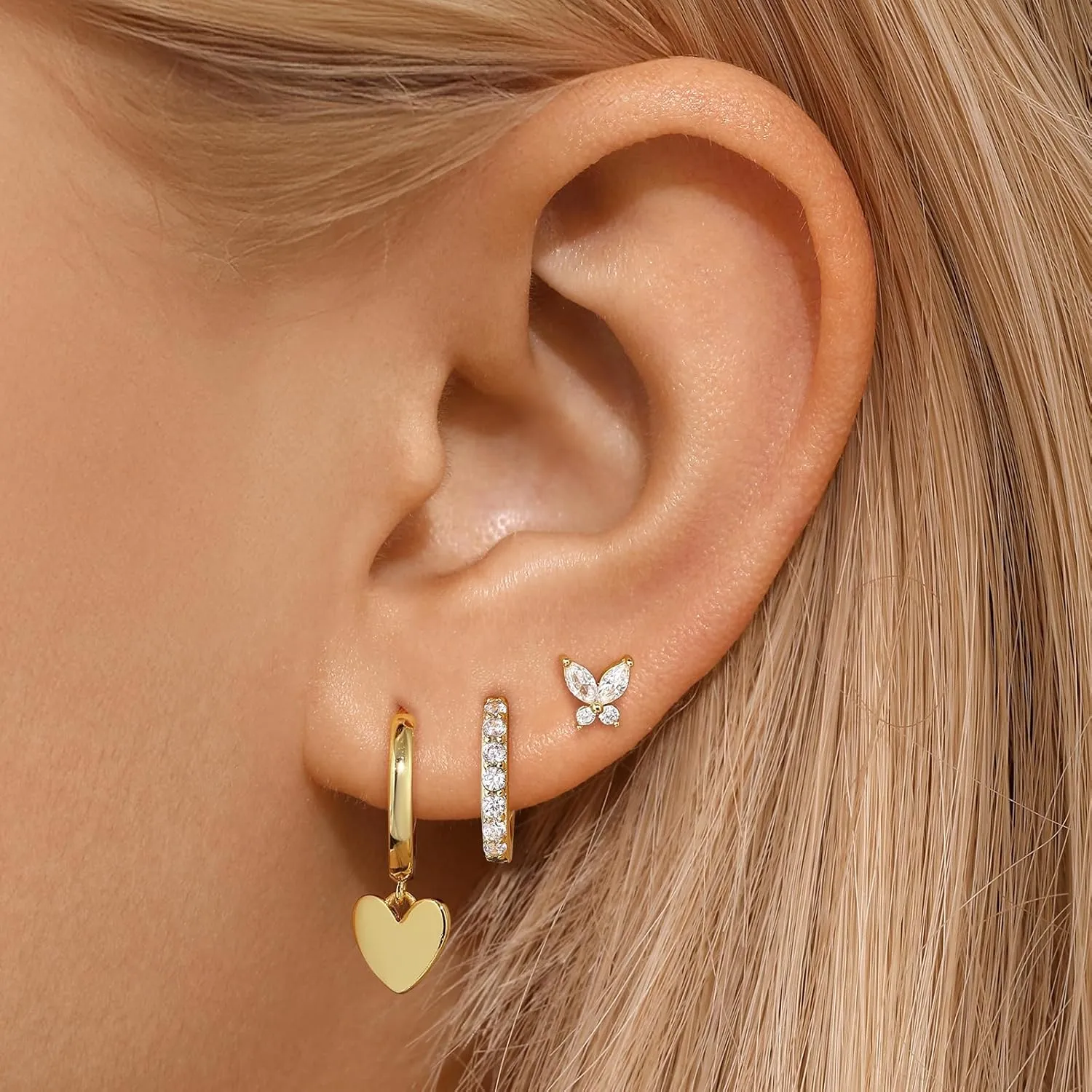 Dainty Pink Butterfly Earrings for Women, 14K Gold Plated Butterfly Hoop Earring Sets with S925 Sterling Silver Post, Pink Earring Stacks Jewelry