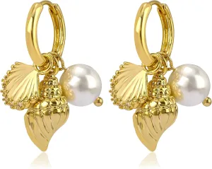 Dangle Gold Charm Earrings for Women 14K Gold Plated Bow Cherry Rose Cubic Zirconia Love Heart Wing Cross Pearl Seashell Huggie Hoop Earrings Drop Cross Earrings Trendy Party Jewelry Gifts for Women
