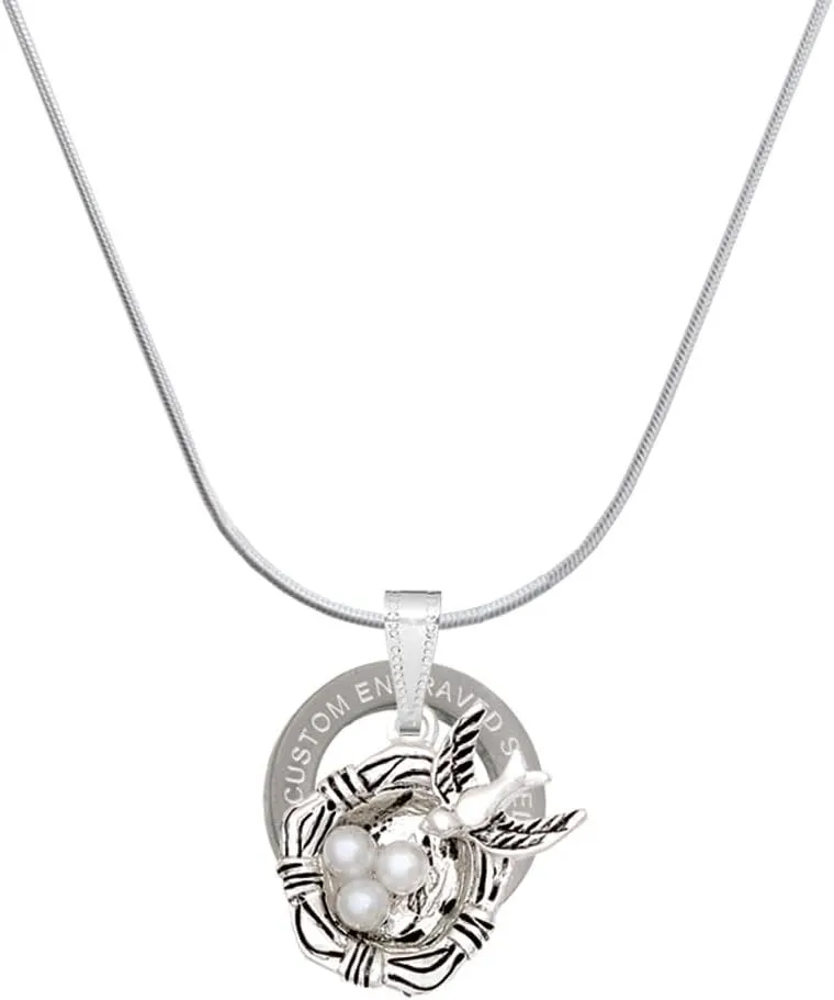 Delight Jewelry Silvertone Birds Nest with Imitation Pearl Eggs Silver-tone Custom Engraved Ring Necklace, 18"