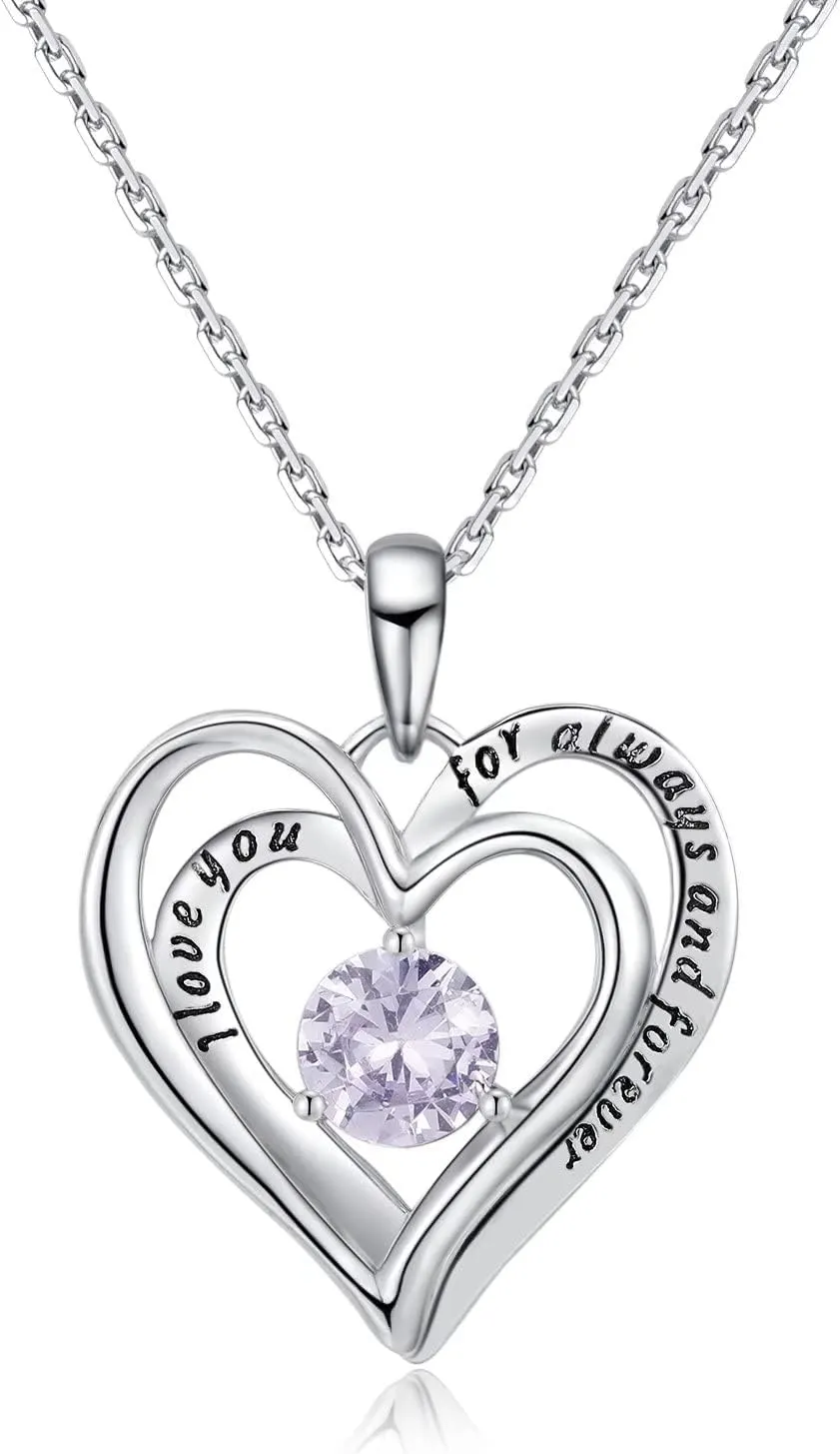Double Heart Birthstone Pendant Necklace - 925 Sterling Silver Dainty Love You Forever Round Gemstone Cubic Zirconia 18 Platinum Plated Adjustable Chain Necklaces Jewelry Gifts for Girls Wife