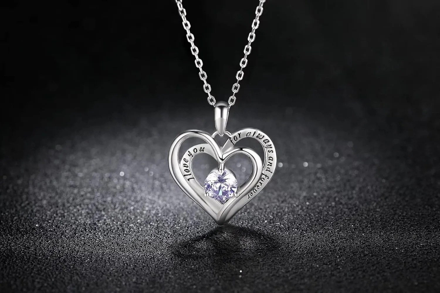 Double Heart Birthstone Pendant Necklace - 925 Sterling Silver Dainty Love You Forever Round Gemstone Cubic Zirconia 18 Platinum Plated Adjustable Chain Necklaces Jewelry Gifts for Girls Wife
