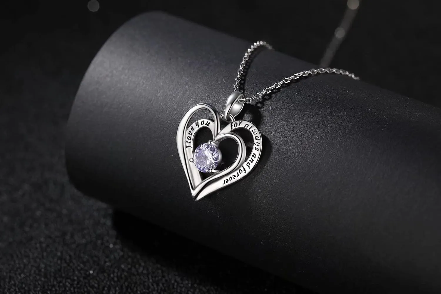Double Heart Birthstone Pendant Necklace - 925 Sterling Silver Dainty Love You Forever Round Gemstone Cubic Zirconia 18 Platinum Plated Adjustable Chain Necklaces Jewelry Gifts for Girls Wife