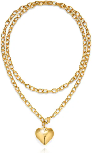 Double Layer Heart Necklace for Women - 18K Gold Plated Stackable Chain with Adjustable Length, Dainty Layered Necklace Everyday Jewelry Gifts for Her