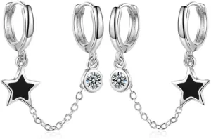 double piercing earrings for Women/Huggie Cuff Chain Star pendant for Women/Teen Girls Hoop Earrings Double Holes Dangle Earrings (STYLE-01)