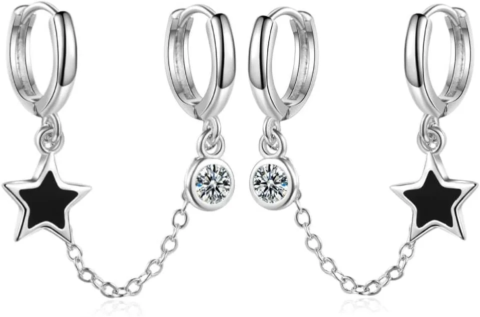 double piercing earrings for Women/Huggie Cuff Chain Star pendant for Women/Teen Girls Hoop Earrings Double Holes Dangle Earrings (STYLE-01)