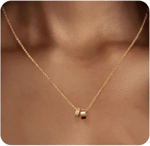Double Ring Pendant Necklace 14K Gold Plated Cubic Zirconia Rondelle Pendant Necklace for Women Two-Toned Dainty CZ Necklaces