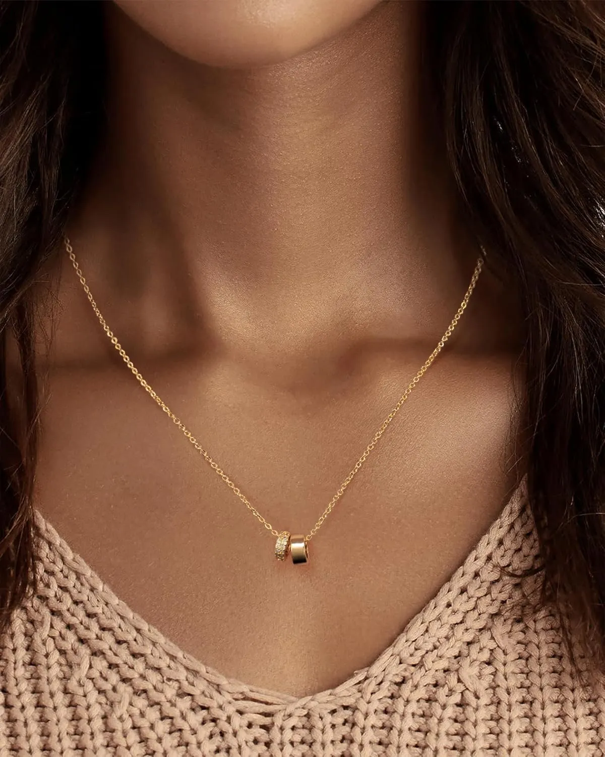 Double Ring Pendant Necklace 14K Gold Plated Cubic Zirconia Rondelle Pendant Necklace for Women Two-Toned Dainty CZ Necklaces