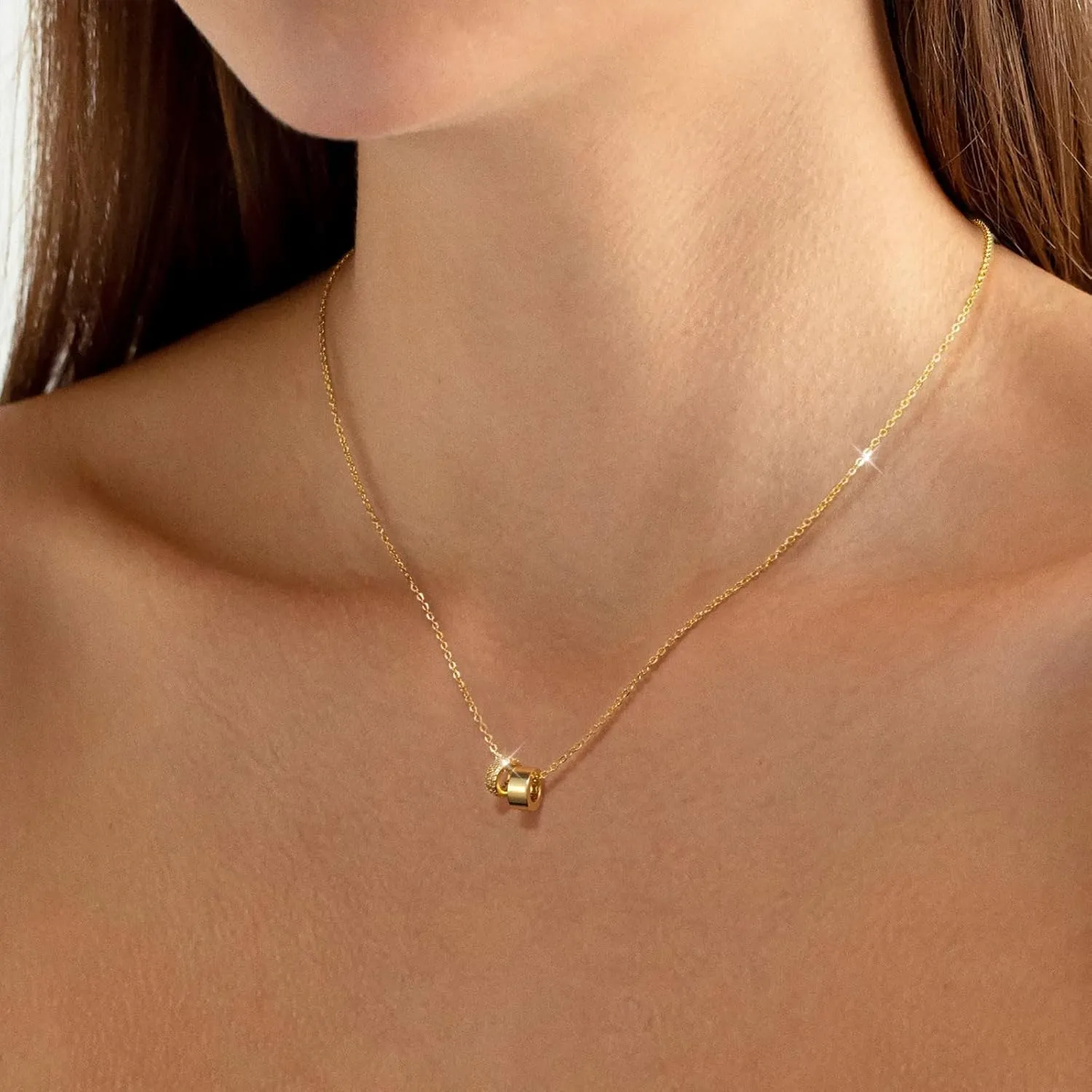 Double Ring Pendant Necklace 14K Gold Plated Cubic Zirconia Rondelle Pendant Necklace for Women Two-Toned Dainty CZ Necklaces