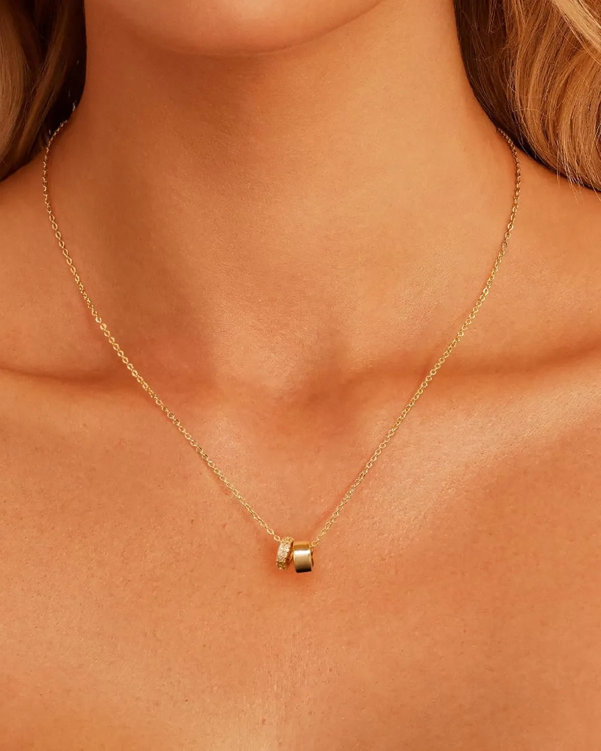 Double Ring Pendant Necklace 14K Gold Plated Cubic Zirconia Rondelle Pendant Necklace for Women Two-Toned Dainty CZ Necklaces