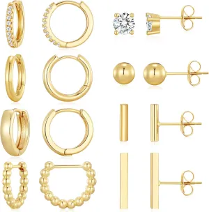 Dreamfox 6/8 Pairs Huggie Hoop Earrings Small Hypoallergenic 14K Gold Plated Huggie Earrings For Women Simple Huggie Stud Earrings Set For Christmas Gift