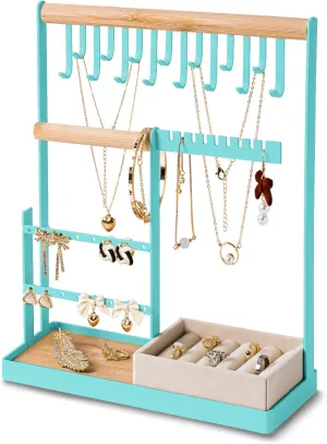 DreamGenius Jewelry Organizer Stand with Velvet Ring Holder, 4 Tier Jewelry Holder Organizer with 15 Hooks for Necklaces and 16 Holes for Earrings, Blue