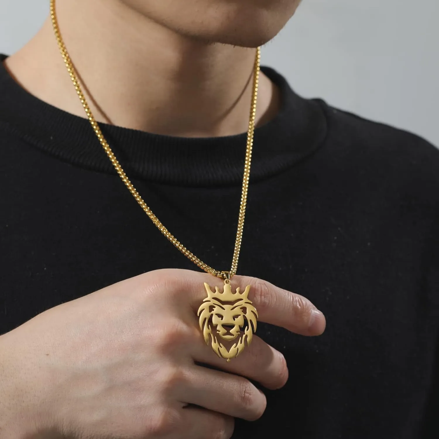 Dreamtimes Lion With King Crown Necklaces for Men Punk Animal Stainless Steel Pendant Necklace Men's Chain Fashion Jewelry Gothic Punk Rock Mens Pendant Necklace