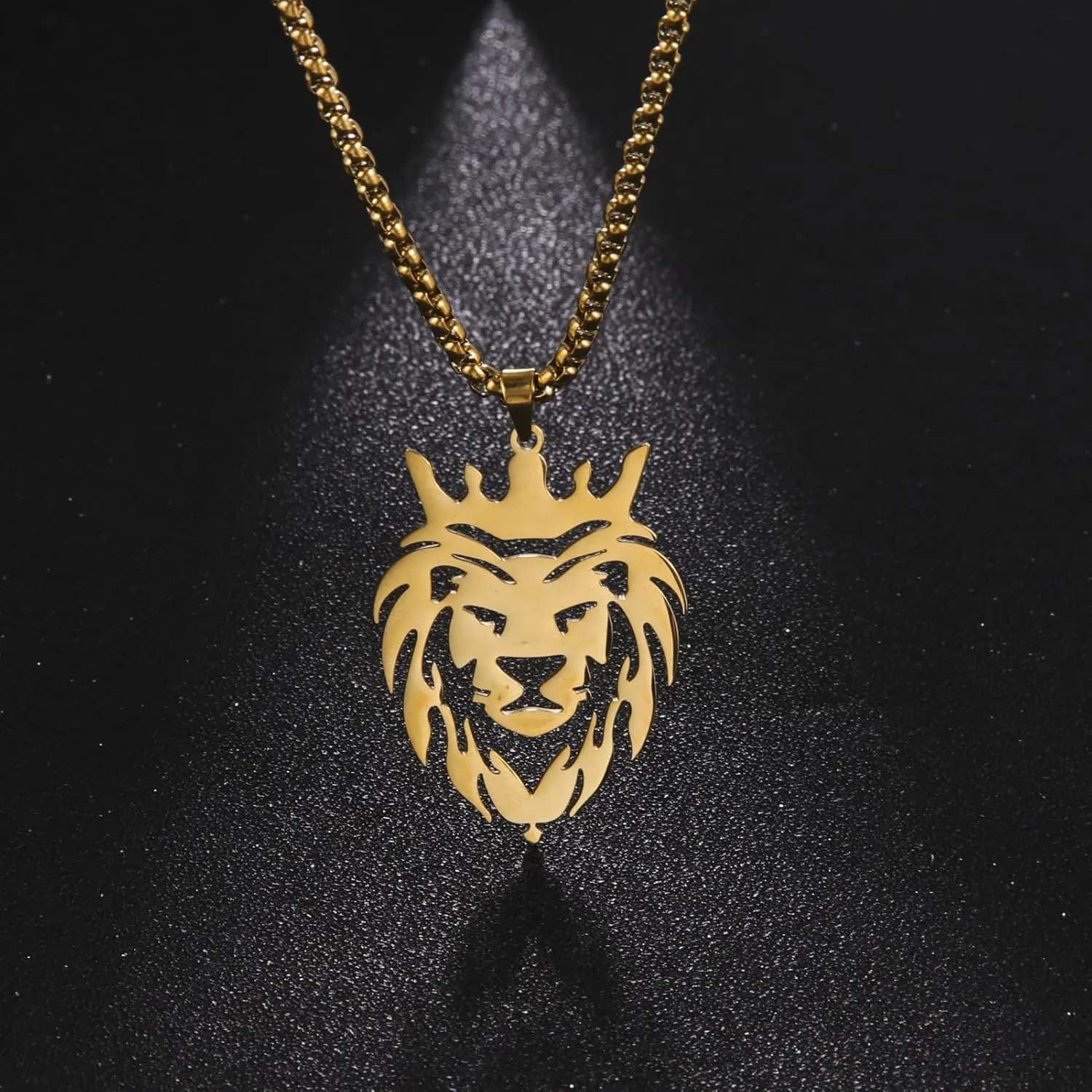 Dreamtimes Lion With King Crown Necklaces for Men Punk Animal Stainless Steel Pendant Necklace Men's Chain Fashion Jewelry Gothic Punk Rock Mens Pendant Necklace