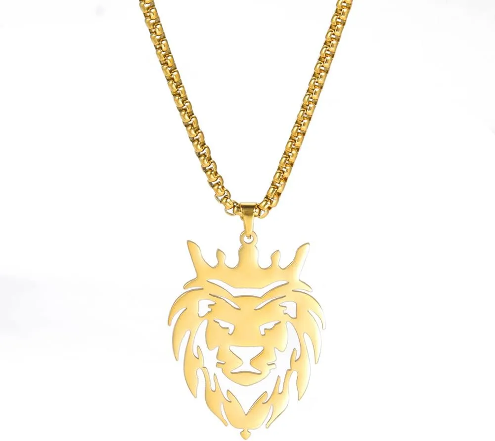 Dreamtimes Lion With King Crown Necklaces for Men Punk Animal Stainless Steel Pendant Necklace Men's Chain Fashion Jewelry Gothic Punk Rock Mens Pendant Necklace