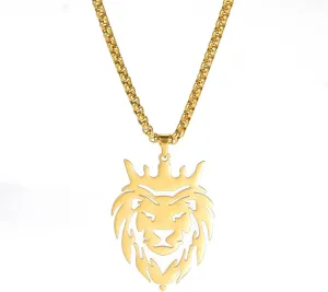 Dreamtimes Lion With King Crown Necklaces for Men Punk Animal Stainless Steel Pendant Necklace Men's Chain Fashion Jewelry Gothic Punk Rock Mens Pendant Necklace