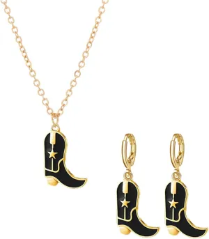 Dreuyet Cowgirl Boot Earrings and Necklace Set for Women Dainty Fashion Western Cowboy Boots Chain Necklace 14K Gold Plated Cowboy Hat Pendant Necklace Western Style Jewelry Gift