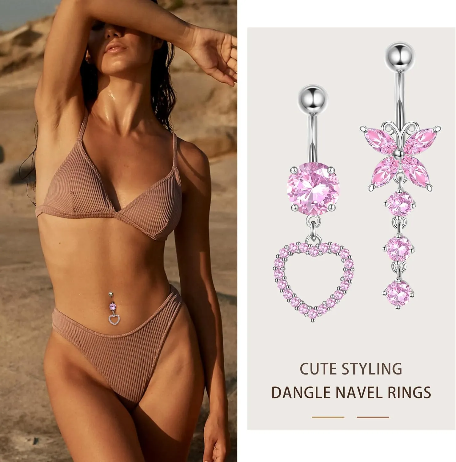 Drperfect 14G Belly Button Piercing Rings for Women - Surgical Stainless Steel with Cute CZ Flower, Butterfly, and Heart Designs -Belly Rings Dangle Navel Piercing Jewelry (Pink/Gold/Silver