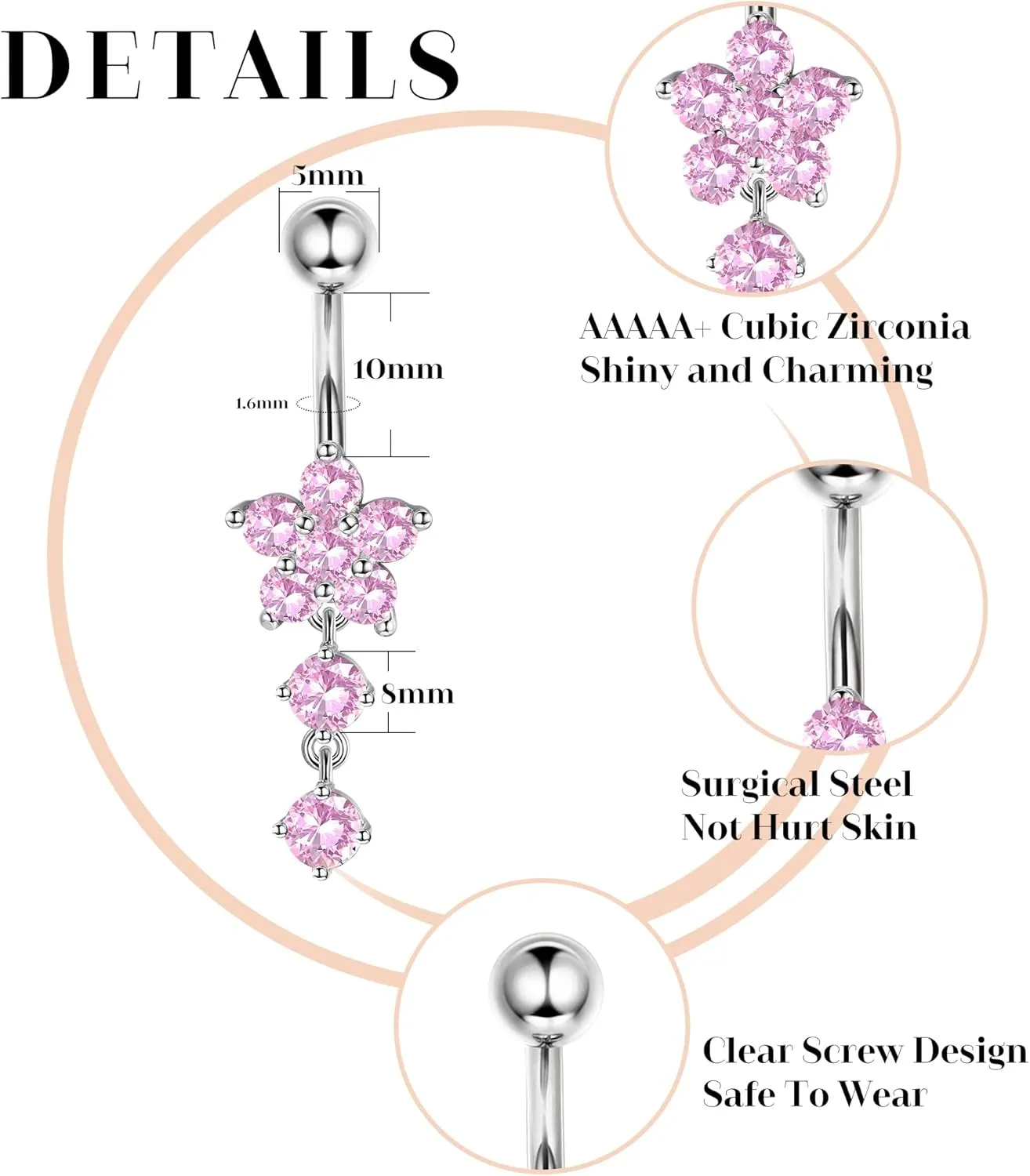 Drperfect 14G Belly Button Piercing Rings for Women - Surgical Stainless Steel with Cute CZ Flower, Butterfly, and Heart Designs -Belly Rings Dangle Navel Piercing Jewelry (Pink/Gold/Silver