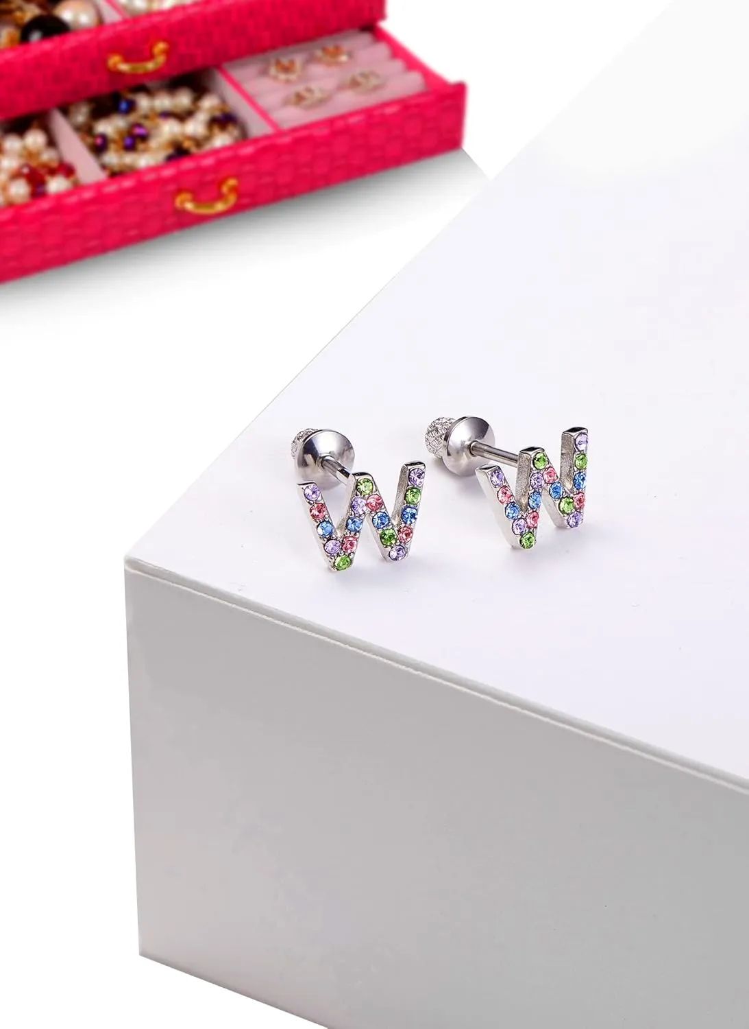 Earrings For Girls,18k Gold Plated Multicolored Alphabet Letter Initial Hypoallergenic Earrings, Stud Screw On Safety Backs, Stainless Steel Ultra Sensitive Ears Post For Kids, Little Girls, Teens