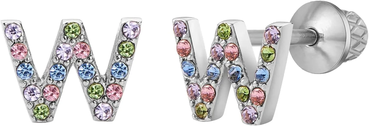 Earrings For Girls,18k Gold Plated Multicolored Alphabet Letter Initial Hypoallergenic Earrings, Stud Screw On Safety Backs, Stainless Steel Ultra Sensitive Ears Post For Kids, Little Girls, Teens