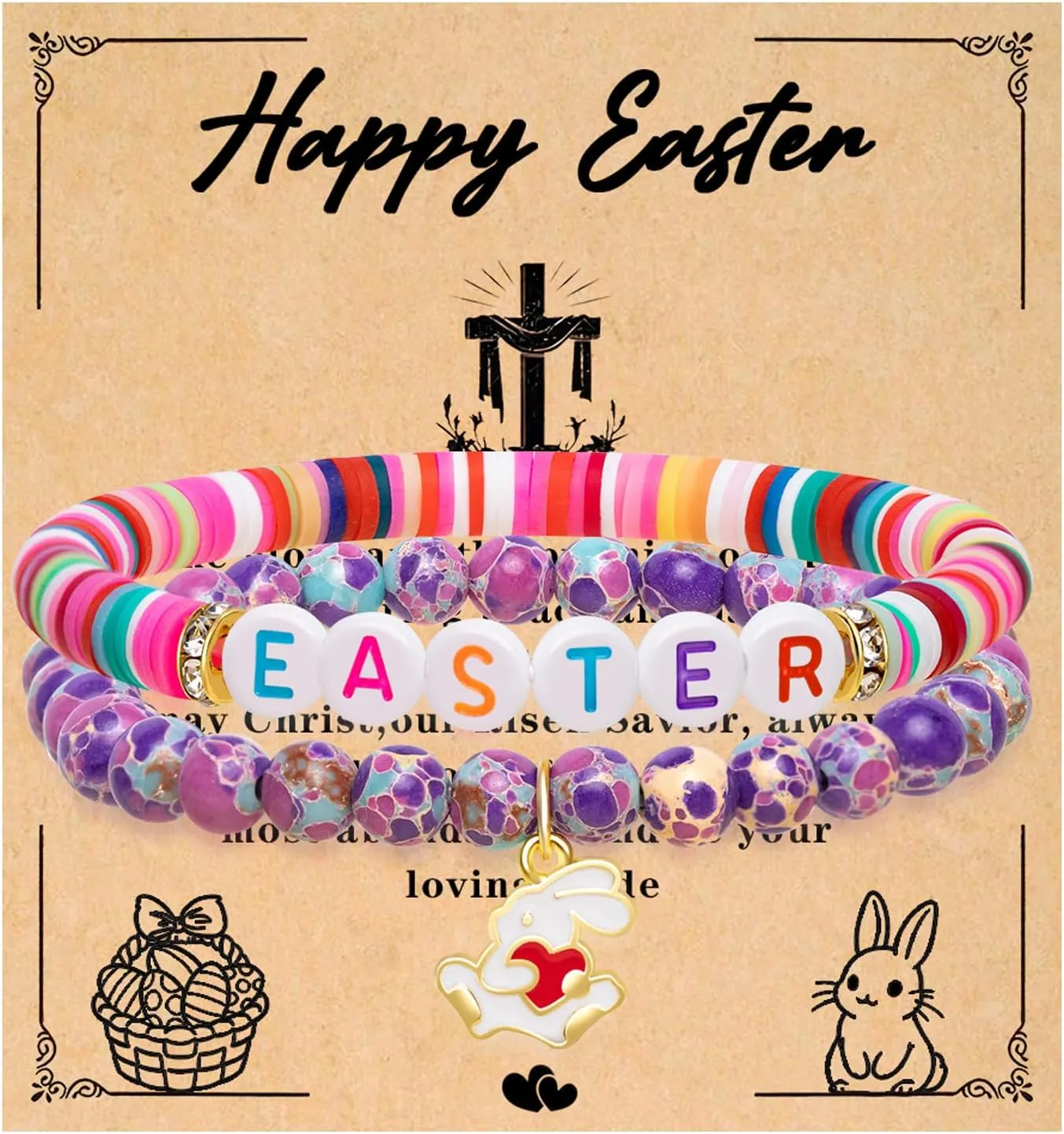 Easter Gifts for Teen Girls & Women - Bunny Beaded Bracelet Set - Perfect Easter basket stuffers