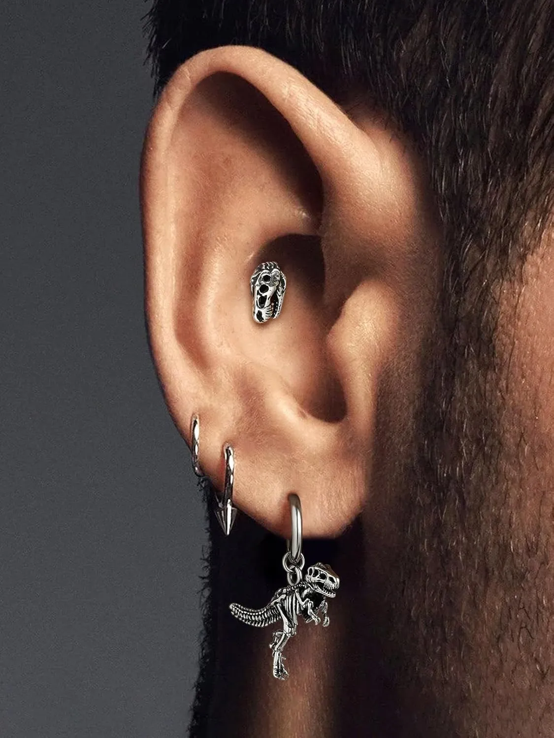 FaithHeart Viking Animals Huggie Hoop Earrings for Men, Gothic Dragon/Snake/Dinosaur/Wolf Earrings Stainless Steel Hypoallergenic Lightweight Stud Earrings Mens Punk Rock Jewelry Gift