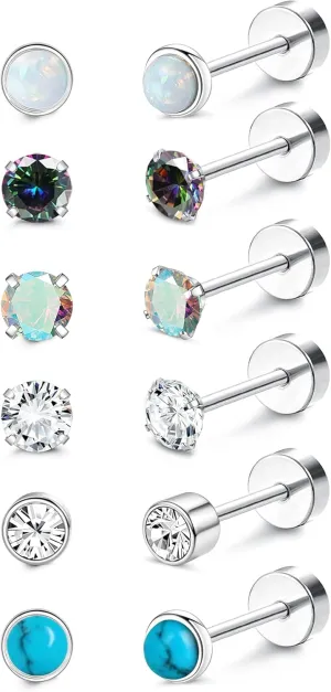 Fansilver Titanium Earrings for Women Men Surgical Steel Stud Earrings Opal Turquoise Cubic Zirconia Screw Back Earrings 20G Cartilage Piercing Nap Earrings Hypoallergenic Flatback Stud Earrings for Sensitive Ears