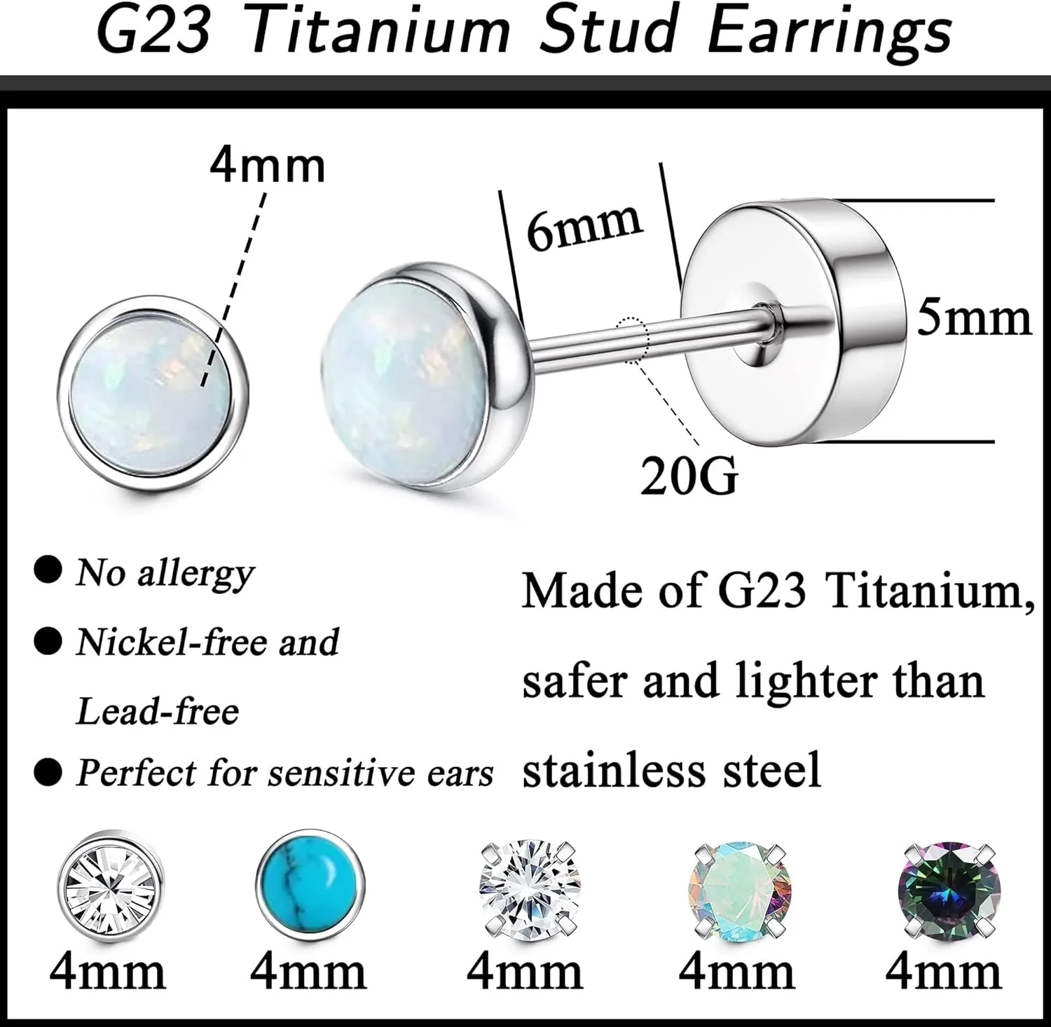 Fansilver Titanium Earrings for Women Men Surgical Steel Stud Earrings Opal Turquoise Cubic Zirconia Screw Back Earrings 20G Cartilage Piercing Nap Earrings Hypoallergenic Flatback Stud Earrings for Sensitive Ears