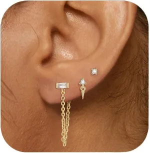 FANZE 14K Gold Plated Chain Earrings Set for women Cubic Zircon Stud Earring Hypoallergenic for Multiple Piercing Dainty Jewelry Gift