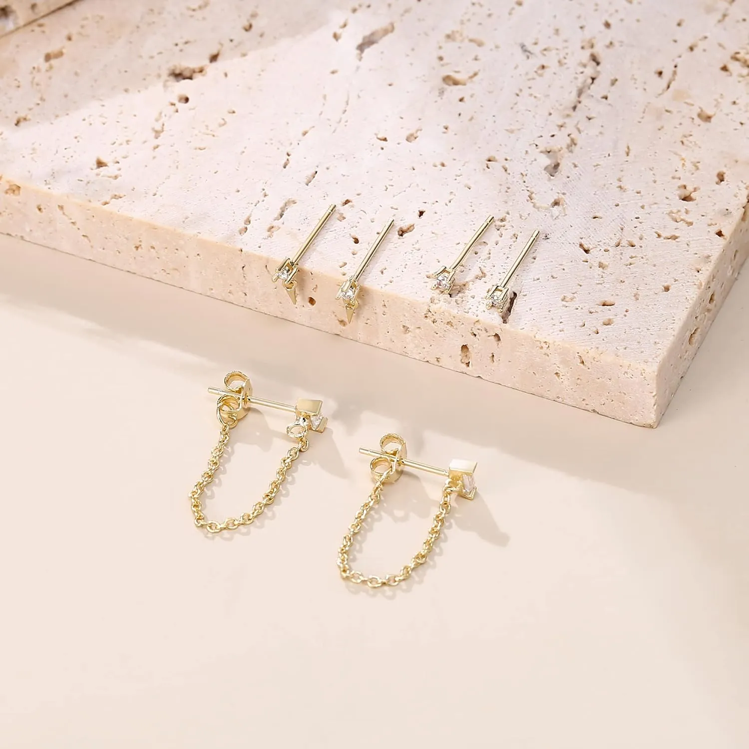 FANZE 14K Gold Plated Chain Earrings Set for women Cubic Zircon Stud Earring Hypoallergenic for Multiple Piercing Dainty Jewelry Gift