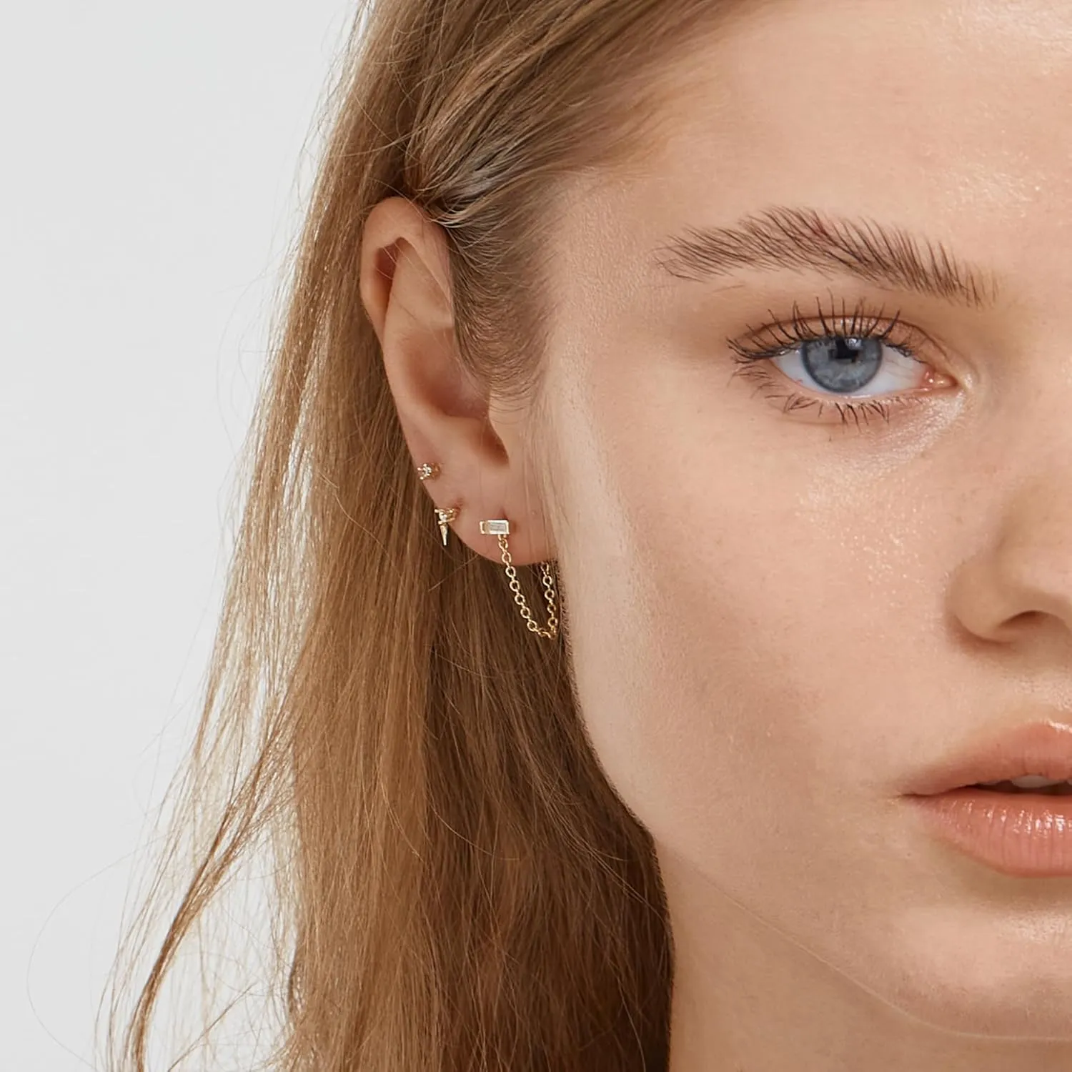 FANZE 14K Gold Plated Chain Earrings Set for women Cubic Zircon Stud Earring Hypoallergenic for Multiple Piercing Dainty Jewelry Gift