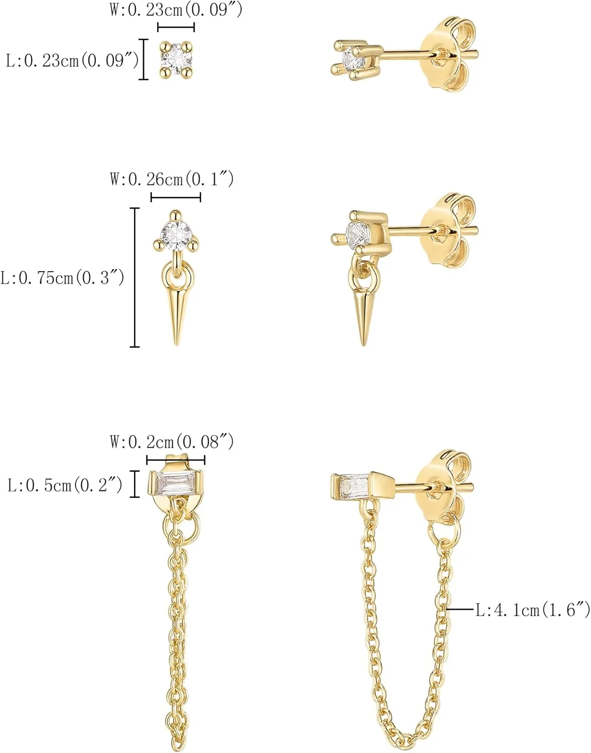FANZE 14K Gold Plated Chain Earrings Set for women Cubic Zircon Stud Earring Hypoallergenic for Multiple Piercing Dainty Jewelry Gift