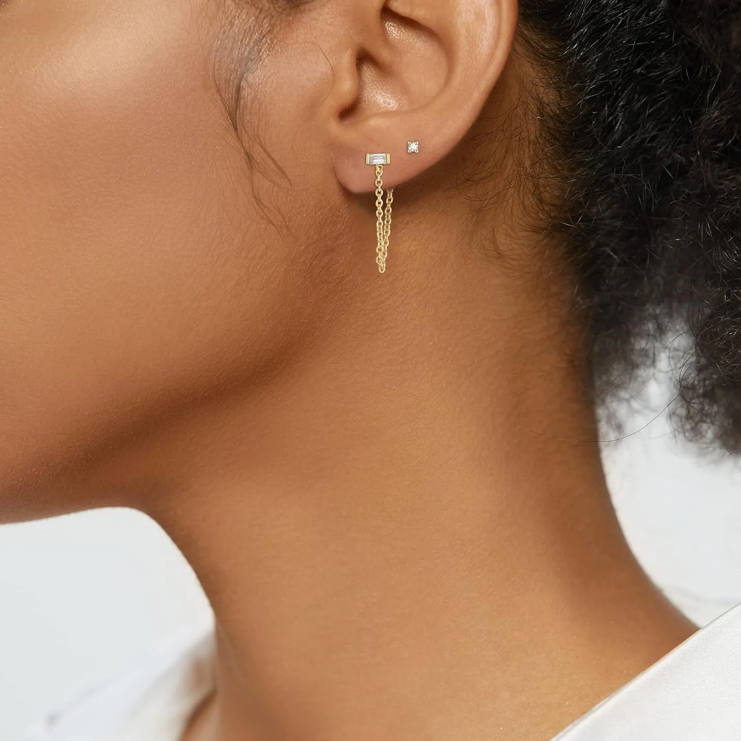 FANZE 14K Gold Plated Chain Earrings Set for women Cubic Zircon Stud Earring Hypoallergenic for Multiple Piercing Dainty Jewelry Gift