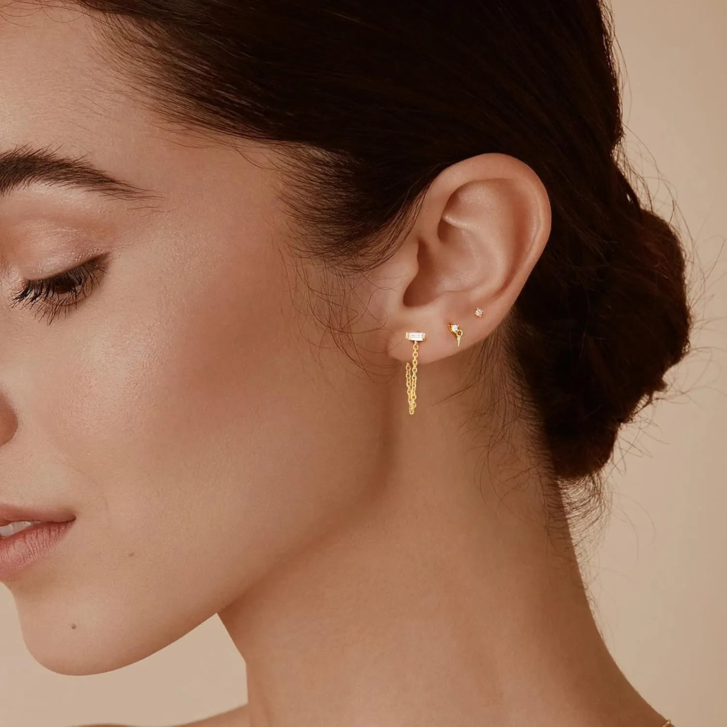 FANZE 14K Gold Plated Chain Earrings Set for women Cubic Zircon Stud Earring Hypoallergenic for Multiple Piercing Dainty Jewelry Gift