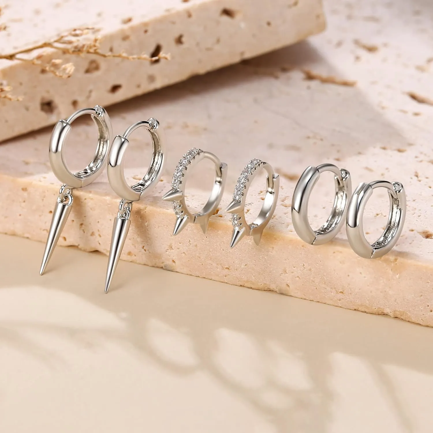 FANZE 3 Pairs Hoop Earrings for Women Dainty Chain Spike Gold Sliver Huggie Earring Set for Multiple Piercing Hypoallergenic Trendy Jewelry Gift