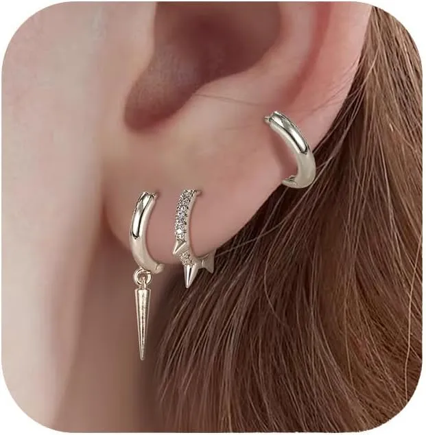 FANZE 3 Pairs Hoop Earrings for Women Dainty Chain Spike Gold Sliver Huggie Earring Set for Multiple Piercing Hypoallergenic Trendy Jewelry Gift