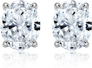 Faux Diamond Stud Earrings For Women 10mm Oval Cut 14k White Gold Plated Sterling Silver 5ct Cubic Zirconia Earring Studs for Her by Ginger Lyne Pierced Hypoallergenic Minimalist Jewelry