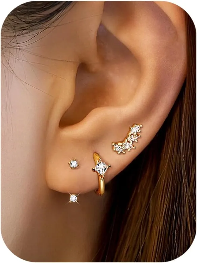 FIBO STEEL 14K Gold Earrings for Women - 925 Sterling Silver Hypoallergenic Earrings Set for Multiple Piercing - Cartilage Dainty Small Huggie Hoop Stud Earring Stacks for Sensitive Ears