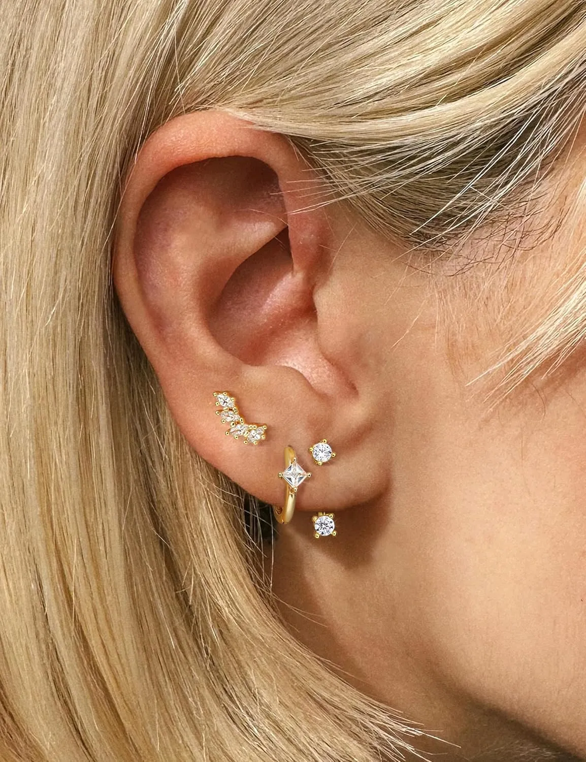 FIBO STEEL 14K Gold Earrings for Women - 925 Sterling Silver Hypoallergenic Earrings Set for Multiple Piercing - Cartilage Dainty Small Huggie Hoop Stud Earring Stacks for Sensitive Ears