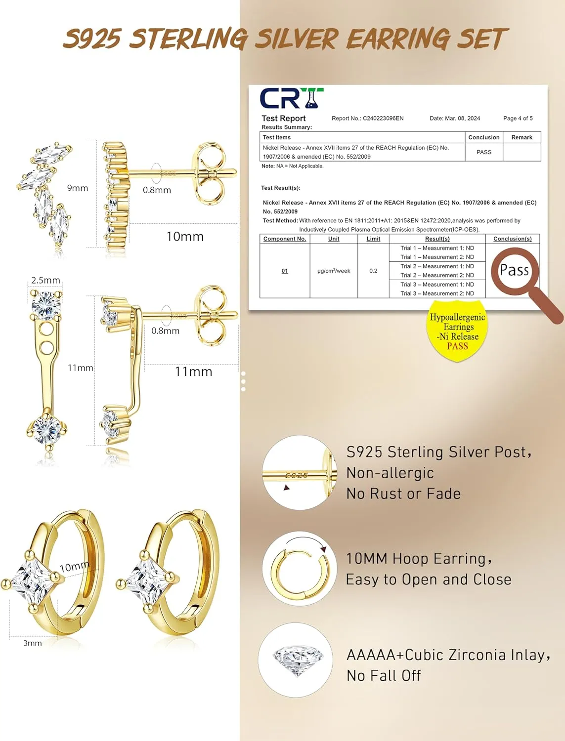 FIBO STEEL 14K Gold Earrings for Women - 925 Sterling Silver Hypoallergenic Earrings Set for Multiple Piercing - Cartilage Dainty Small Huggie Hoop Stud Earring Stacks for Sensitive Ears