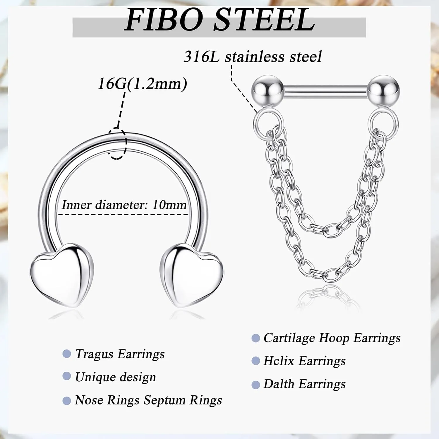FIBO STEEL 16G Septum Ring for Women Dangle Septum Jewelry Hinged Nose Rings Surgical Steel Star Heart Horseshoe Daith Tragus Helix Cartilage Hoop Earrings Septum Piercing Jewerly
